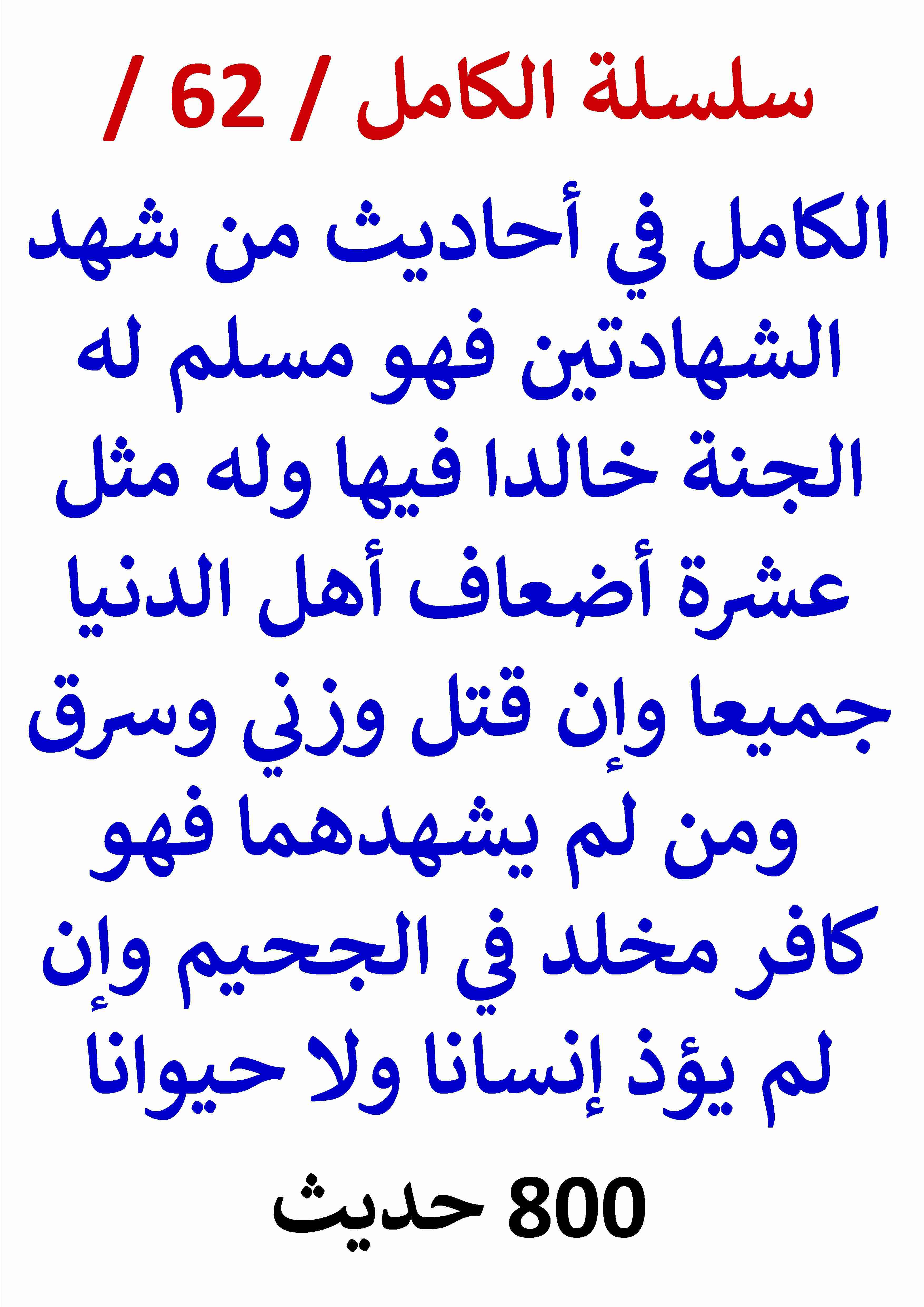 كتاب الكامل في احاديث من شهد الشهادتين فهو مسلم مخلد في الجنة لـ عامر الحسيني