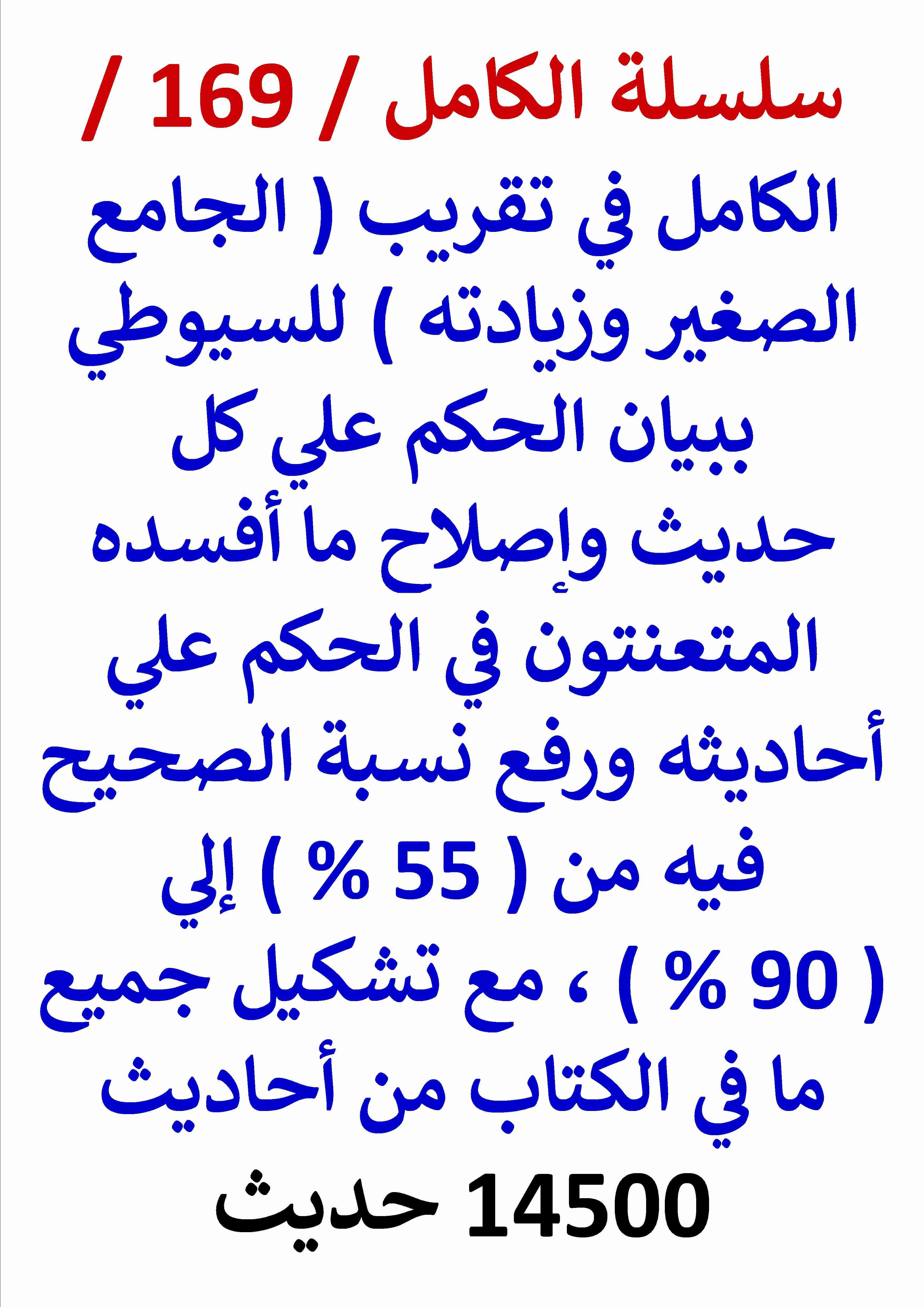 كتاب الكامل في تقريب الجامع الصغير وزيادته للسيوطي ورفع نسبة الصحيح فيه من 55 % الي 90 % لـ عامر الحسيني