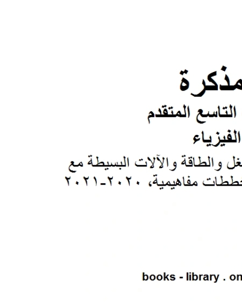 كتاب ملخص شرح على الشغل والطاقة والآلات البسيطة مع مخططات مفاهيمية 2020 2021 في مادة الفيزياء للصف الحادي عشر المتقدم المناهج الإماراتية الفصل الثالث لـ المؤلف مجهول